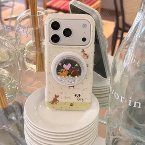 Round Edge Magnetic Mosaic Puppy Phone Case with Sand Mirror Stand, Compatible with iPhone 17 Pro Max, 16 Pro Max, 15 Pro Max, 14 Pro, 13 Pro, 13