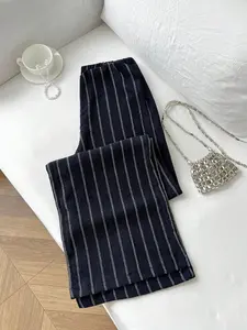 Mid-Waist Commuter Versatile Casual Striped Wide-Leg Pants, Loose-Fitting Trousers for All Seasons, Stylish Leggings for Everyday Wear, Womenswear