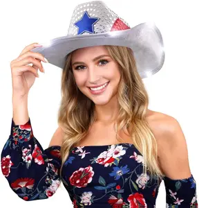 FlashingBlinkyLights Red White and Blue Sequin Light Up LED Cowboy Hat with White LED Brim