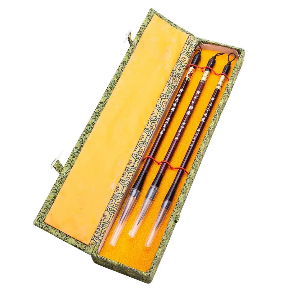 Thy Home Traditional 3-Piece Wolf Hair Sumi Brush Gift Set with Gift Box - Writing Stationery, 3-Size Lang Hao Brushes for Chinese Calligraphy, Japanese Sumi Drawing, Three Sizes