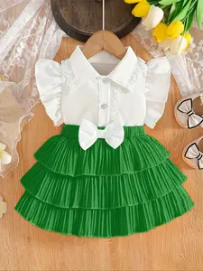 Summer baby girl short sleeve set cake skirt, versatile little flying sleeve lace trim shirt bow tie cute princess style set skirt, suitable for going out to play pure cute cake short skirt, Valentine's Day gift, Baby Girl Clothes, Toddler Outfit