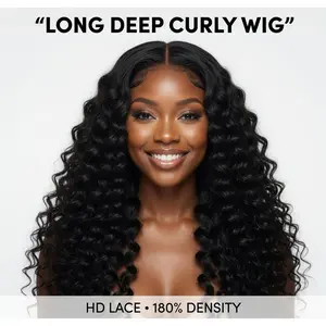 Long Deep Curly Wig Black| 100% Virgin Human Hair HD Lace Front Glueless 180% Density Voluminous Curly Wig