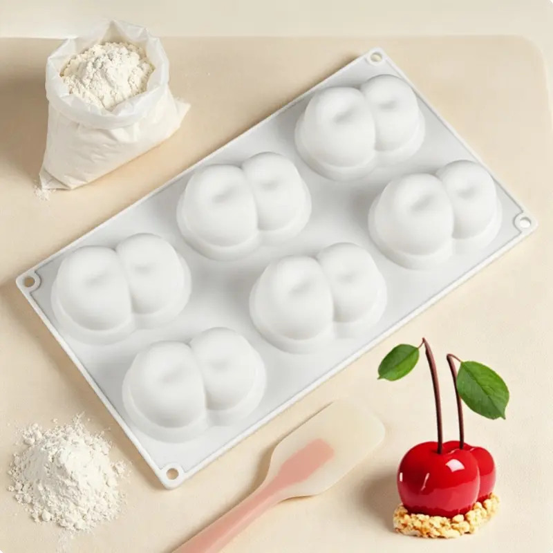 1pc cherry-shaped silicone cake mold, 6-hole fresh fruit design, non-stick, plump berries easily release, for sweet chocolate, cakes, themed baking creative tool, Reusable Chocolate Mold