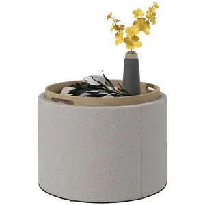 Foldable Round Storage Ottoman Coffee Table - Linen Fabric Upholstered Footstool with Flip-Top Tray, Hidden Compartment, 22x22x16.5 in Size, 264 Lb Weight Capacity, Foldable Coffee Tables