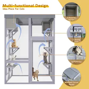 Outdoor Wooden Catio, Multi-functional Cat Enclosure with 4 Platforms, 2 Napping Houses, 2 Strong Locks, Rounded Corners, Stepped Design and Galvanized Wire