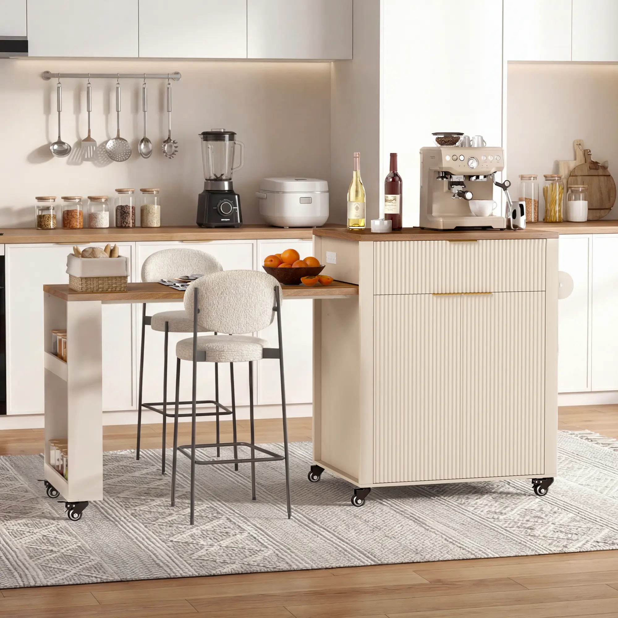 FOOWIN 76 Inches Fluted Buffet Cabinet - Mobile Kitchen Island with Extendable Dining Table, Drop Leaf, Cabinets, Drawers, Open Shelf, Towel Rack, Built-In Power Outlets (2 AC, 1 USB-A), 6.6 Ft Power Cord, Rolling Particle MDF Wood Design
