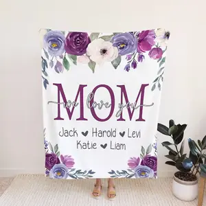 DUJO For Mom Customized Family Name Carnation Watercolor Blanket, lightweight but warm, warm and cozy design, Mother's Day Gift Ideas, Best Gift for Mom