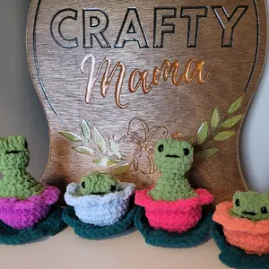 Crochet Frog Popping up in a Lily Pad, Handmade, Soft Fidget, Fast Shipping
