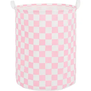 Large foldable portable collapsible tall laundry hamper storage basket bin with handles, waterproof lining, pink racing flag for nursery storage