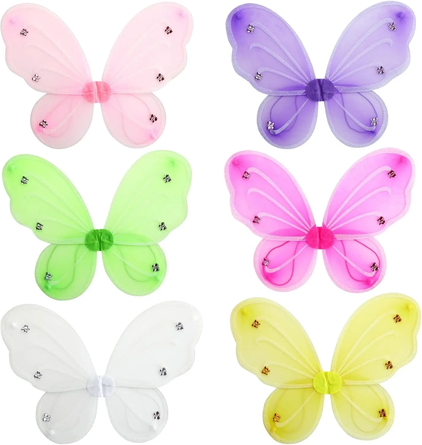 6-Pack 100% Polyester Fairy Butterfly Wings for Girls - 15 Inches with Rhinestones, None Closure - Costume Party Dress-Up, Halloween Gift (6 Vibrant Colors), All Seasons