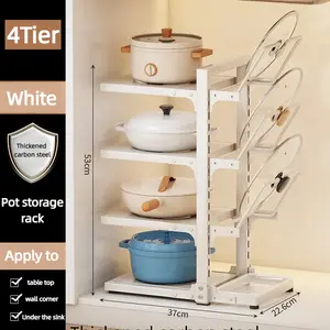 4-Tier Multifunctional Adjustable Pot and Pan Organizer Rack, Floor Standing Pot Rack for Cabinet, Pot Lid Holders with Drain Tray,Carbon Steel Cast Iron Pot Rack,White