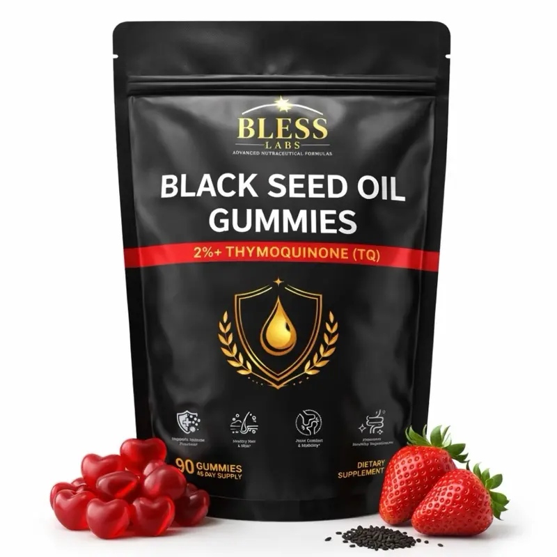 Bless Labs Black Seed Oil Gummies 2% Thymoquinone Sugar Free Strawberry Flavor 90 Gummies for Hair Growth Gut Support Joint Comfort Halal Natural Dietary Supplement Edible Vitamin Fitness Healthcare