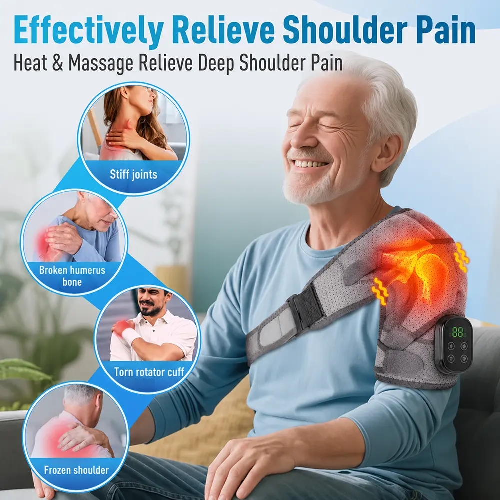 Heated Shoulder Brace Wrap,Electric Shoulder Heating Pad Massager ,Rechargeable Cordless Shoulder Massager with 8 Heat and 6 Vibration for Men Women, Heated Shoulder Massage for Relax,5000mAh Battery,Warm Gifts,Gray