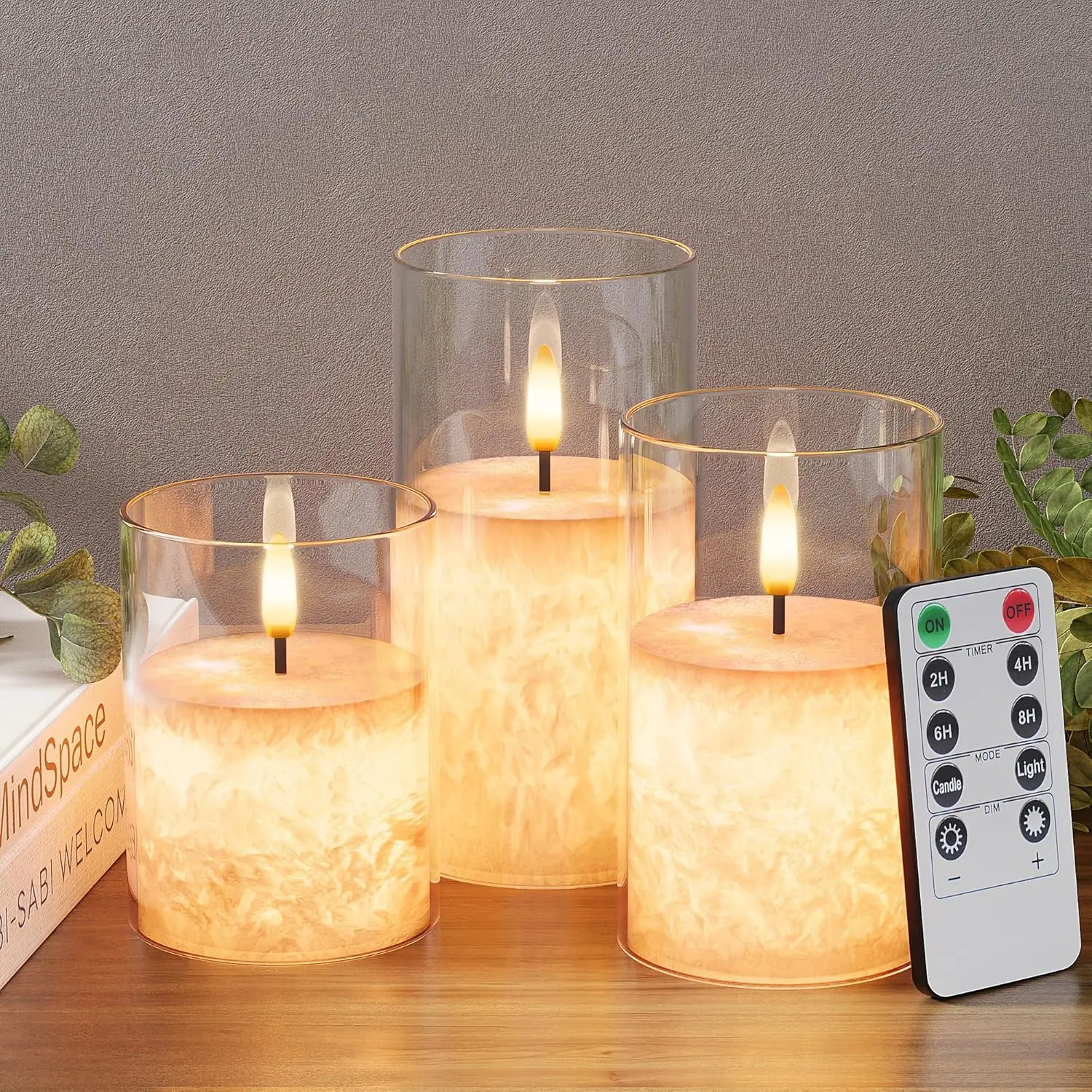 Ice  Real Wax Glass Flameless Candles with Remote & Timer,  Operated Candles with Warm Flickering Flame, Realistic LED Candle for Wedding Home Decor [D3xH4/5"/6"] Clear, 3Pack