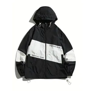 Men'S Black & White Patchwork Hoodie Jacket - Stylish Zipper Design, Adjustable Hood with Drawstrings, Pockets, Loose Fit for Casual Streetwear, Casual Streetwear Jacket | Bold Fashion Statement | Adjustable Hoodie