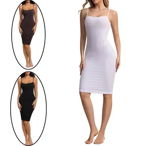 SUPRENX Women's Ribbed Spaghetti Strap Square Neck Cami Slip Dress - Adjustable, Smooth, Seamless, Light Compression Underdress Piece, Non-See-Through Bodycon Midi for Layering & Everyday Wear, Ultra-Soft, Wrinkle-Resistant, Machine-Washable, All-Season,,