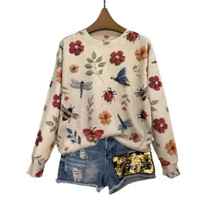 Apricot Women’s Lightweight Full-Print Sweater with 3D Insect & Floral Patterns, Casual Crew Neck Long-Sleeve Top for All Seasons, Comfortable Wear