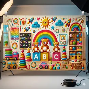 2D Flat, 1pc Educational Party Banner - 8x6ft Large Colorful Alphabet A-Z, Numbers 0-9 & Animals Backdrop with ABCs, Rainbow & Teddy Bears - Durable Birthday, Wedding, Indoor/Outdoor Decorations, 2D Flat
