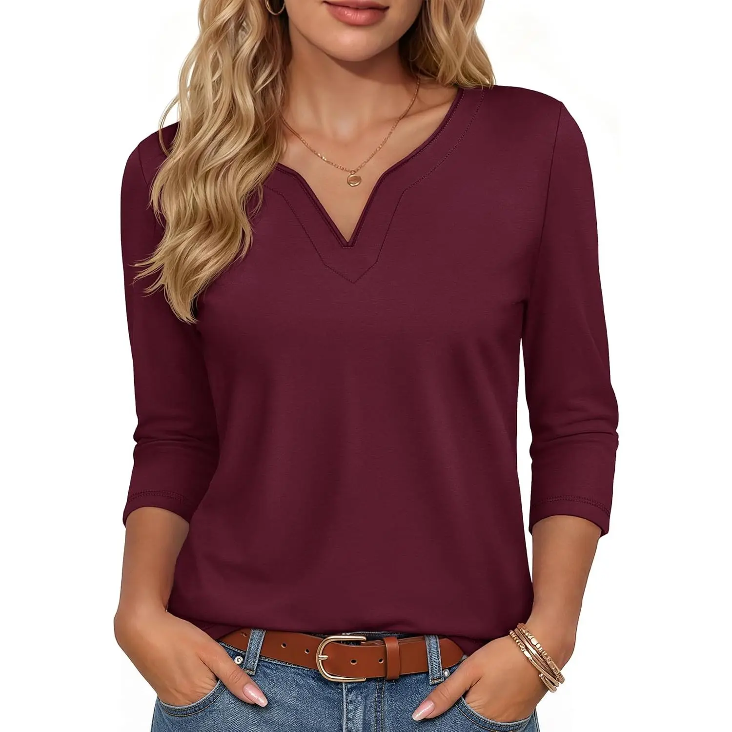 YUCOLEN Women's 3/4 Length Sleeve V-Neck Henley T-Shirt - Fitted Cotton-Rayon Fabric Dressy Casual Tunic Blouse for Work, Summer - Women's Clothes, 3/4 Sleeves, Upf 50+, Split Hem, Soft Blend, Lady, Basic, Plain, Regular, 9To5 Work Lifestyle, Business
