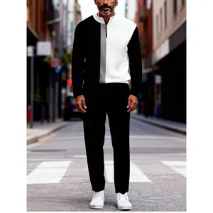 Men's 2-Piece Tracksuit Set - Quarter Zip Sweater with Plaid Stripe Detail (Black & White)Sleek Men's Quarter Zip Tracksuit - White & Black Plaid Stripe Athleisure Outfit