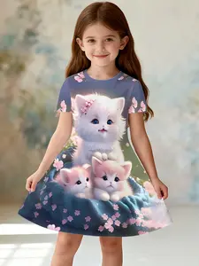 Girls' Cute Cat Cherry Blossom Print Short Sleeve Dress, Blue Floral Cat A-Line Dress, Sizes 110-160, Casual Slim-Fitting, All Seasons