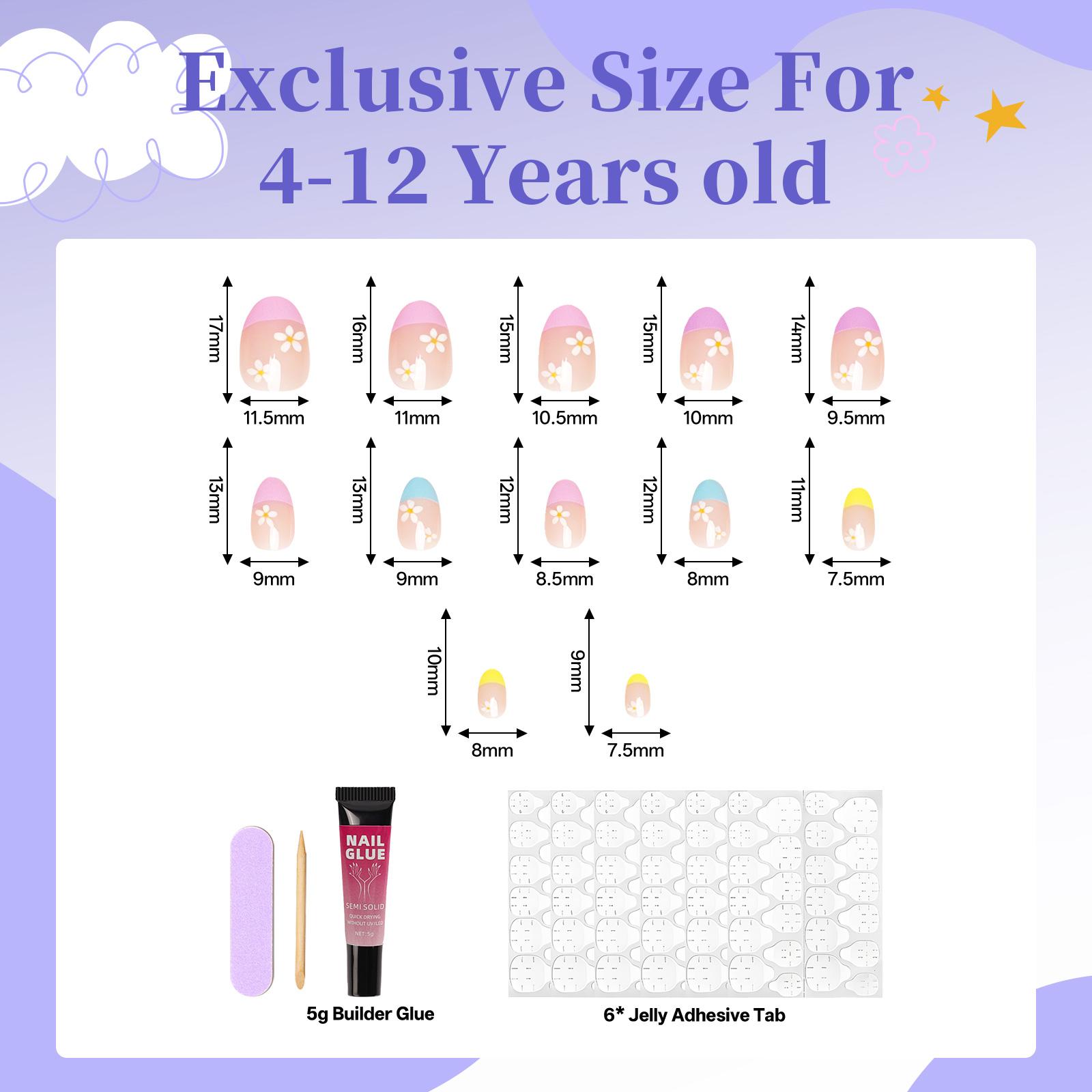 Kids Press On Nails Kit, 6 Pack 144PCS Colorful Flower Fake Nail Tips for Girls Ages 4-12, Almond Shape Nail Set with Jelly Glue & Nail Adhesive, Birthday Gifts & Holiday Surprises