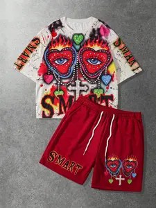 American Street Graffiti Style Sports Set, T-Shirt with Flame Heart Eye and Smart Text, Shorts, Trendy and Cool