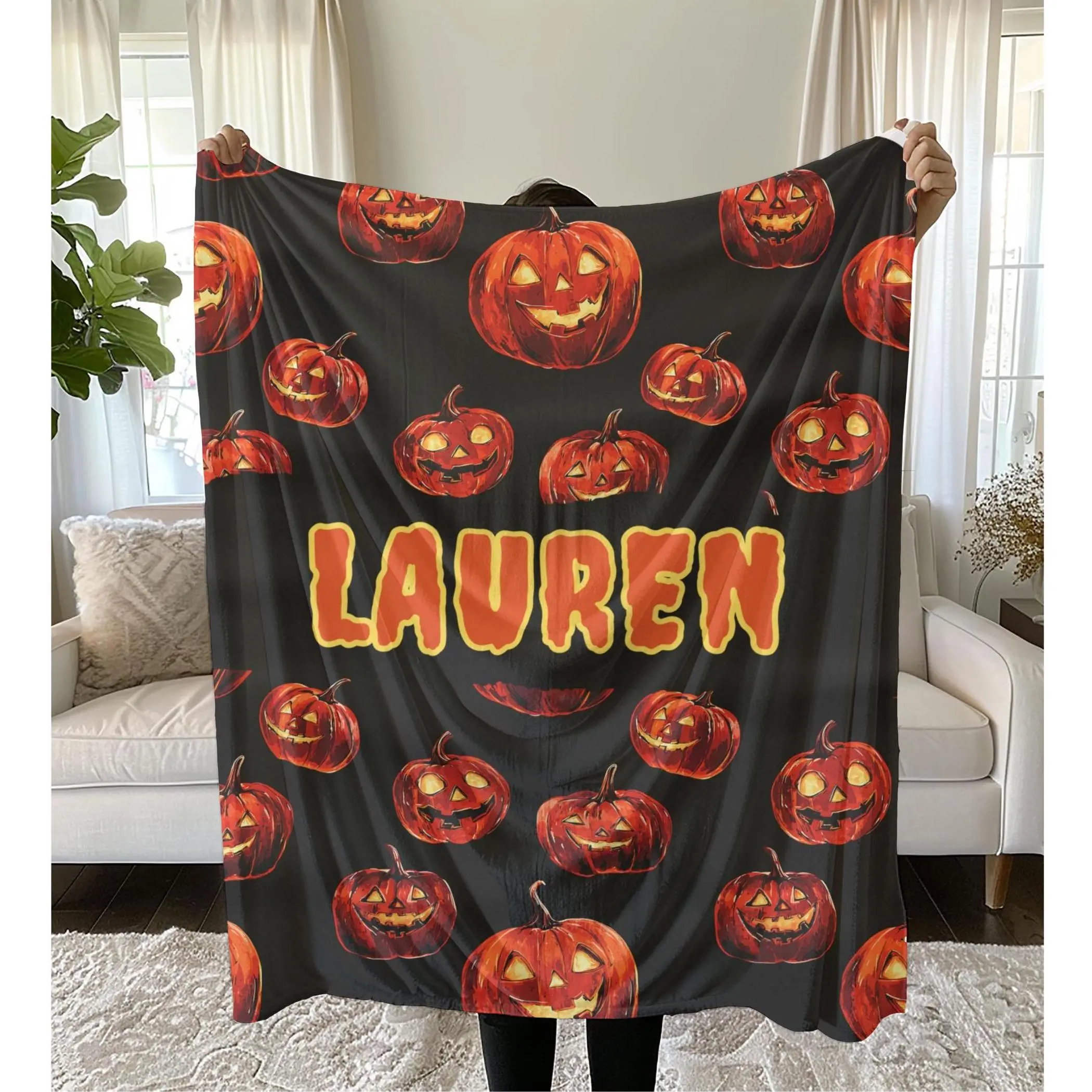 Custom Name Halloween Ghost Pumpkin Blanket, Personalized Sherpa Fleece Throw with Soft Plush Warmth for Living Room Sofas and Bedroom Beds, Haunted House Decor, October Movie Nights, Spooky Season Keepsake