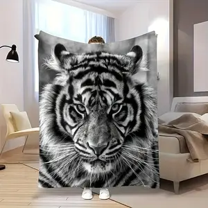 1pc Cozy Black And White Tiger Stripe Flannel Blanket, Fashionable, Soft, And Warm All-Season Multi-Purpose Gift Printed Flannel Blanket, Perfect for Sofa, Bed, Office, And Travel, Ideal Holiday Birthday Gift for Family And Friends