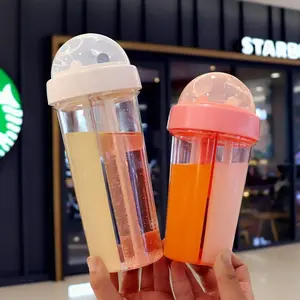 Creative Dual Compartment Plastic Cup, Portable Carry Handle Straw Cup, Student Office Fitness Outdoor Car Water Bottle, Hydration Bottle, Leakproof Durable Simple Design