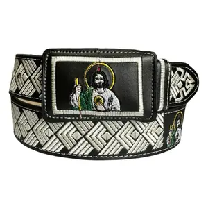 Cinto Vaquero Bordado Piteado San Judas de Piel Negro Black Western Style Embroidered Leather Belt Saint Jude