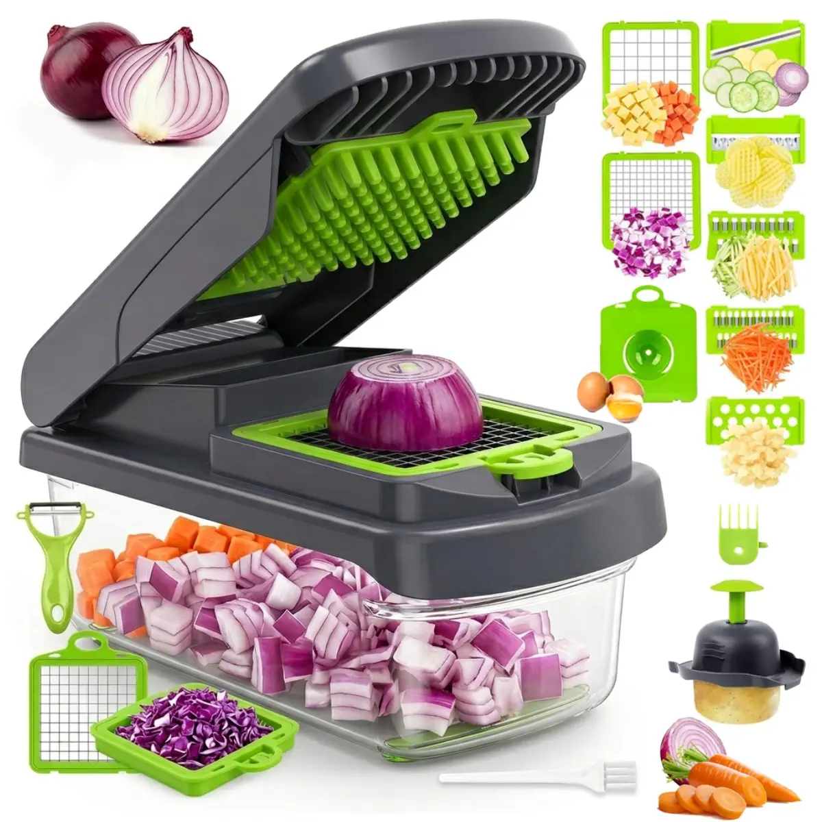 14-in-1 Multifunction Vegetable Chopper & Mandoline Slicer Set with Food Container | Onion Dicer, Julienne Cutter, Egg Separator, Peeler & Cleaning Brush Included