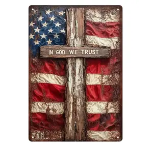 In God We Trust Patriotic American Flag & Cross Sign 8x12 in Vintage Christian Wall Decor for Home Church Garage Office Inspirational Faith Gift