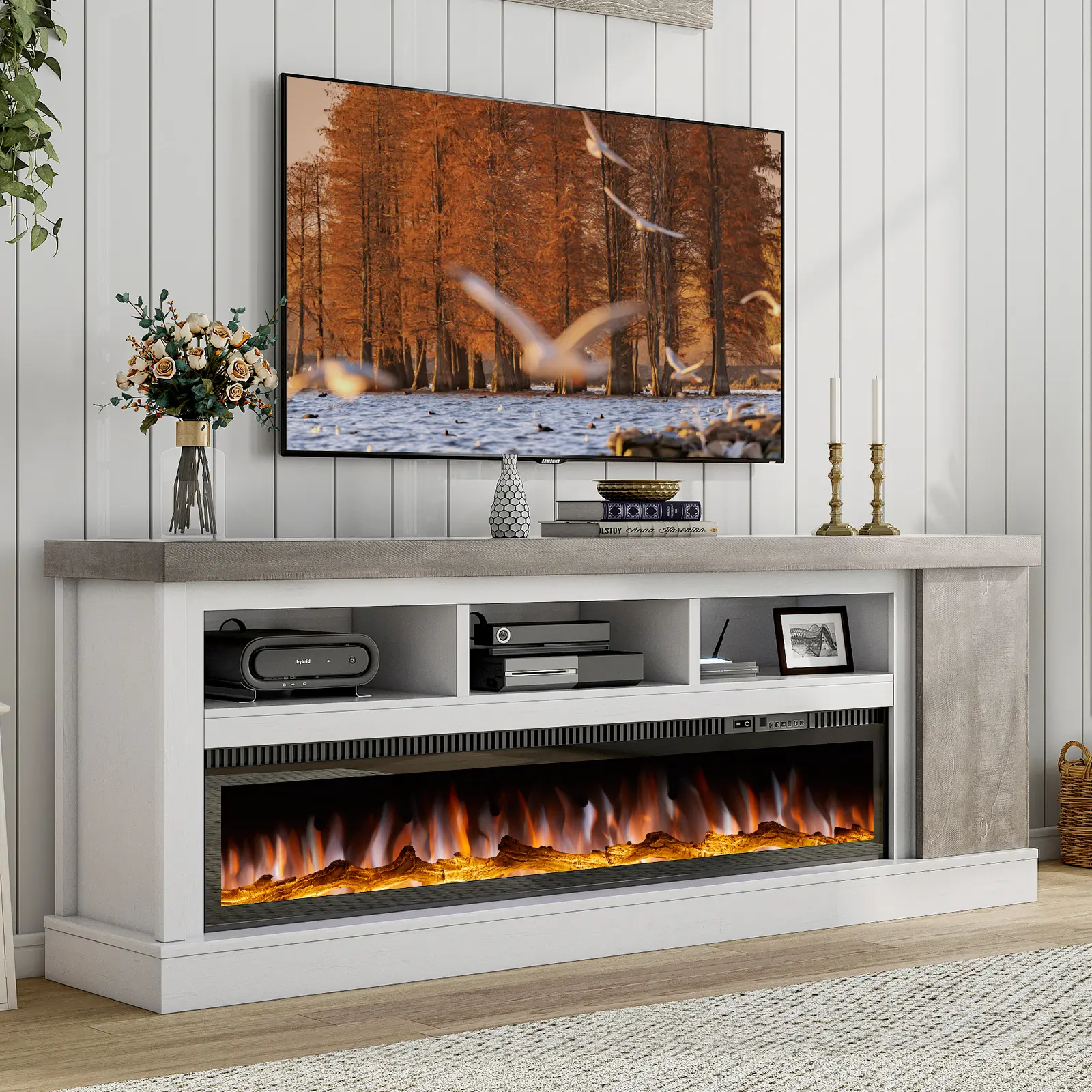 [SummerSale] AMERLIFE 75" Fireplace TV Stand with 60" Glass Electric Fireplace, Color Contrast Farmhouse Entertainment Center with Storage for TVs Up to 85"