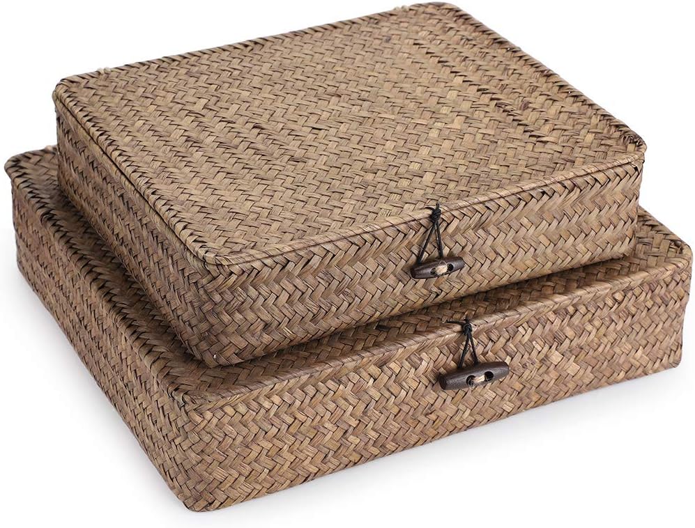 Set of 2 Flat Woven Wicker Storage Bins with Lid Natural Seagrass Basket Multipurpose Home Boxes for Shelf Organizer (Coffee)