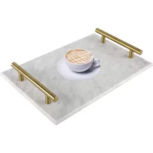 Marble Stone Decorative Tray, Handmade Nightstand Tray with Copper-Color Metal Handles for Counter, Vanity, Dresser, Nightstand and Desk (White) Organiser Racks