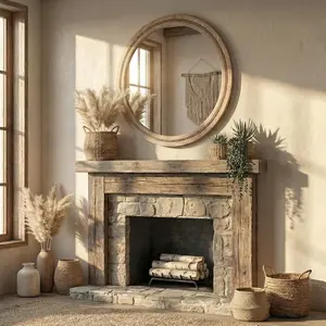 30" Round Solid Wood Mirror for Bathroom Vanity, Handcrafted Beaded Circle Wall Mirror - Natural Boho Farmhouse Decor for Entryway & Bedroom
