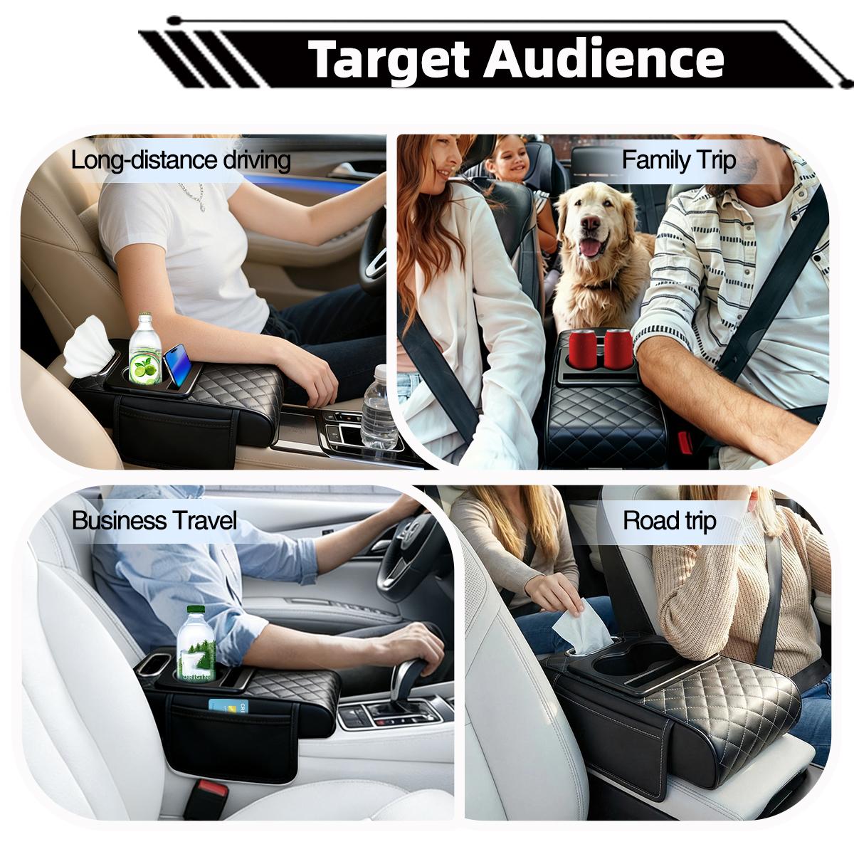 Universal Arm Box Pad Cover-Car Armrest Cushion,5-in-1 Center Console Cover with 2Storage Bags Cup Holder,Tissue Box Slot,Phone Slot for Sedans,Car Accessories Interior Organizers,Car Center Console Armrest Pillow,Leather Car Armrest Cushion
