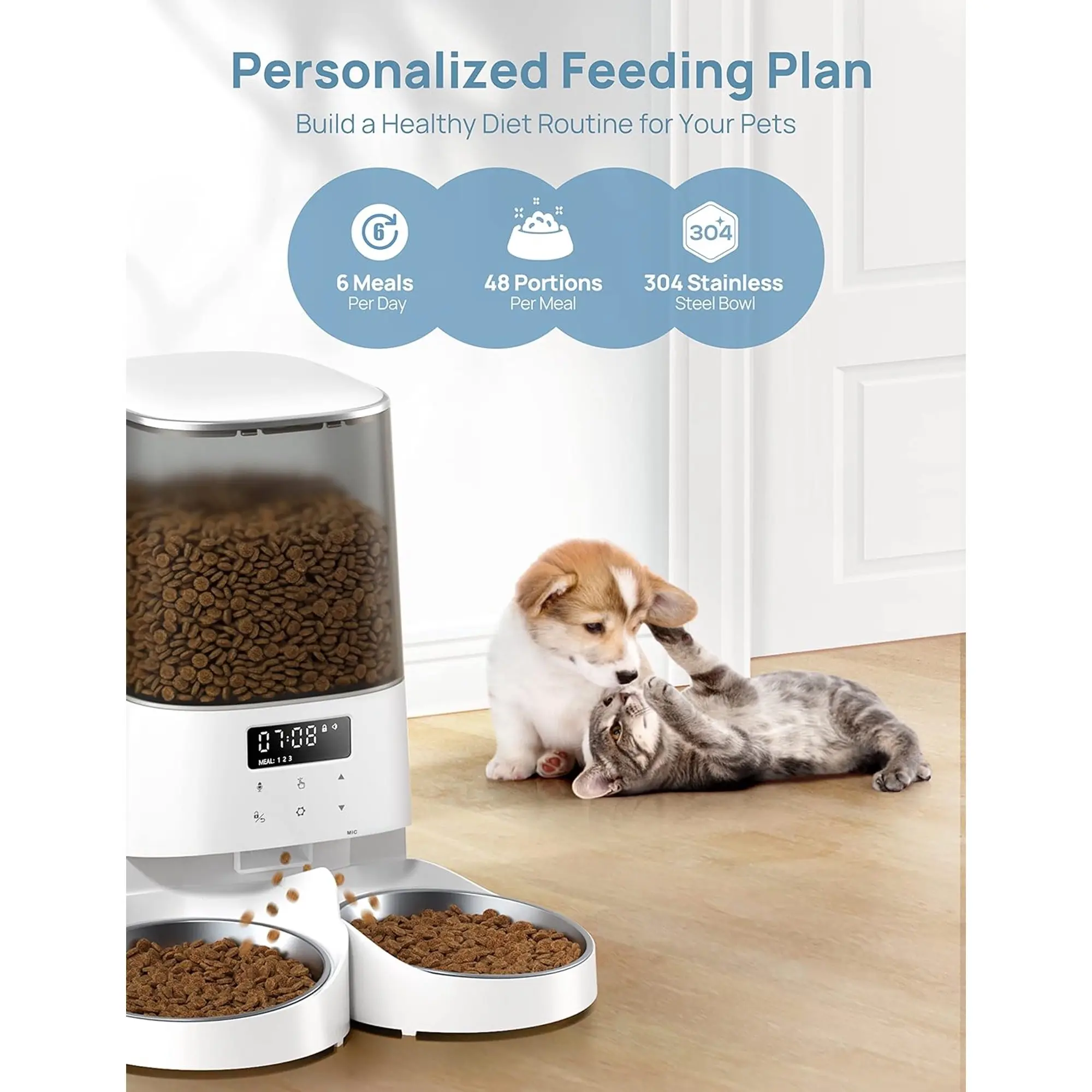 Automatic Dog & Cat Feeder, 5L/21-Cup Timed Pet Food Dispenser with Double Bowls, 48 Portions, 6 Meals/Day, Memory Function, 10s Meal Call for Cats & Small Dogs