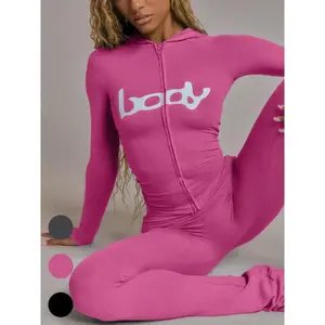 Women's Two-Piece Set, Fall Winter Hooded Graphic Print Zipper Jacket and Pants Set, Casual Tight-Fit Daily Wear, Fashionable Ladies Clothing