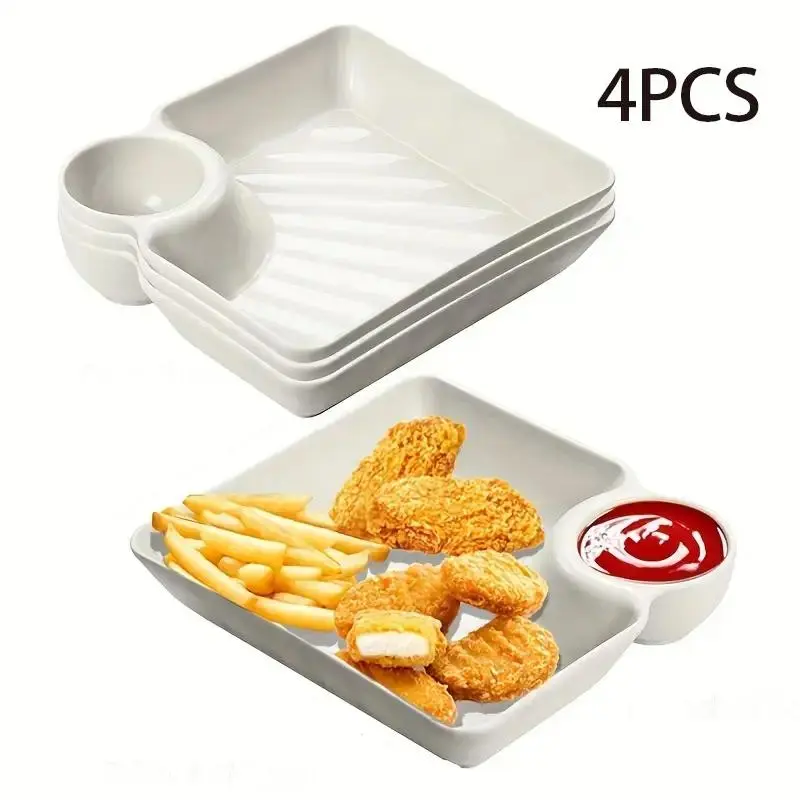 4-Piece Plastic Dumpling Plates with Sauce Compartment, Salad Serving Plates, Platters for Serving Food Party, Snack and Sushi Dishes for Appetizers, Tortilla Dip, Fruit, Parties and Picnics, Party Plates