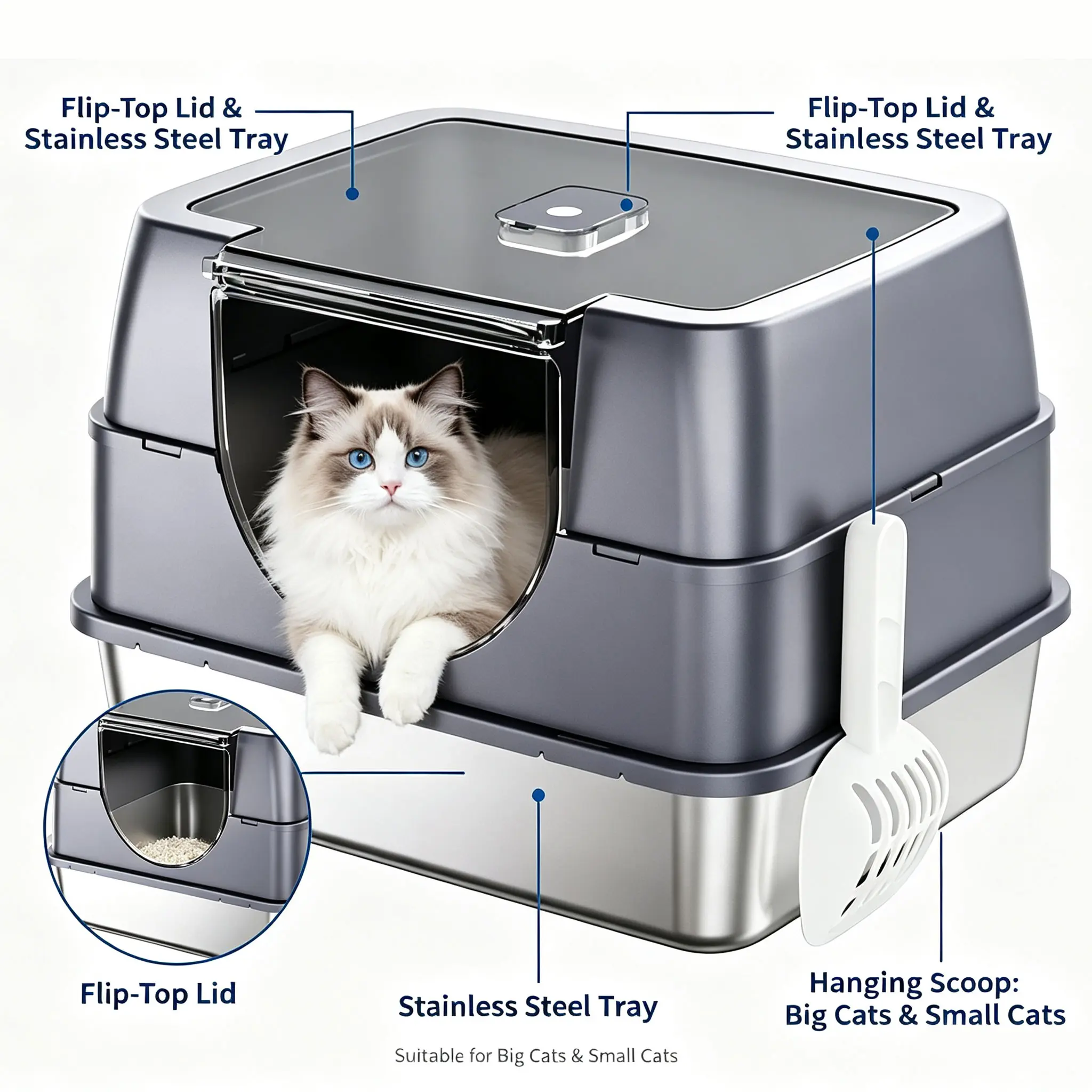 Upgrade Stainless Steel Base Fully Enclosed Cat Litter Box, Odor-Locking Splash-Proof Flip-Top Cat Litter Pan with Free Scoop, Spacious Large Cat Toilet for Big Breeds & Multi-Cat Households -- drawer hopper