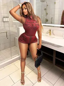 2026 Summer High Neck Mesh Letter Print Sleeveless Romper Women Sleeveless Mesh Letter Print Short Jumpsuit Fashion High Neck Mesh Romper Letter Print Summer Outfit European American Mesh Letter Print Sleeveless Romper Trendy High Neck Sleeveless Mesh