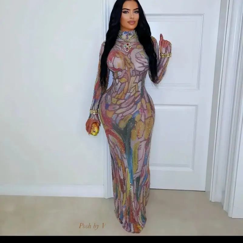 Women's Multi-Color Mesh Stone Dress - Womenswear for Party & Casual Occasions (True to size)