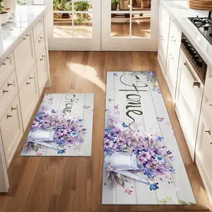2Pcs Spring Purple Floral Woodgrain Background Floor mat set including farmhouse kitchen Rug Washable Kitchen Rugs dining room flooring laundry room decorative carpet mat