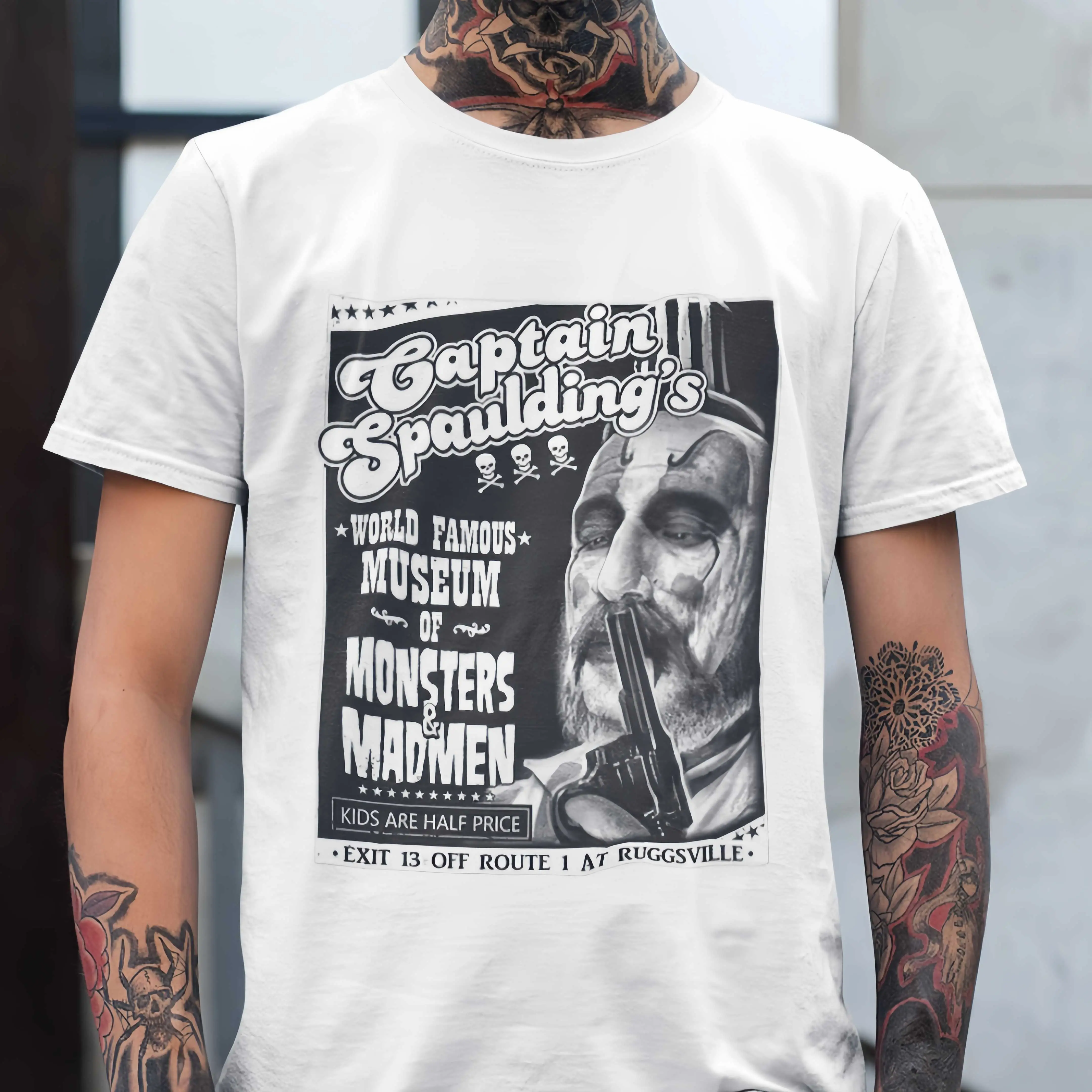 Men's 100% Cotton Stretch Knit T-Shirt, Slim-Fit Cut with Captain Spaulding's Museum Graphic, Retro Look Short-Sleeve Round Neck Halloween Tee, Tshirt, Top, Shortsleeve, Streetwear, Menswear, Print, Crew Neck, Casual, Fabric, Printed Graphic, Customizatio