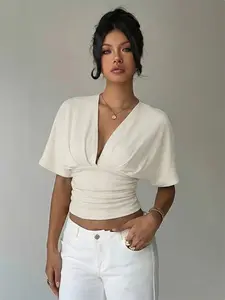 Women's Milk Silk Fabric Deep V Neck Crop Top Womenswear, Smooth Breathable Comfy Elegant Party Short Fitted Street Fashion