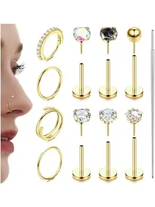 14K Gold Plated Nose Rings 20G 18G Threadless Nose Rings Hoops Studs - 316L Steel Push in Flat Back Nose Stud - CZ Hypoallergenic Nose Tragus Helix Piercing Jewelry Nose Rings Set for Women Men 11Pcs Rhinestone Nose Ring