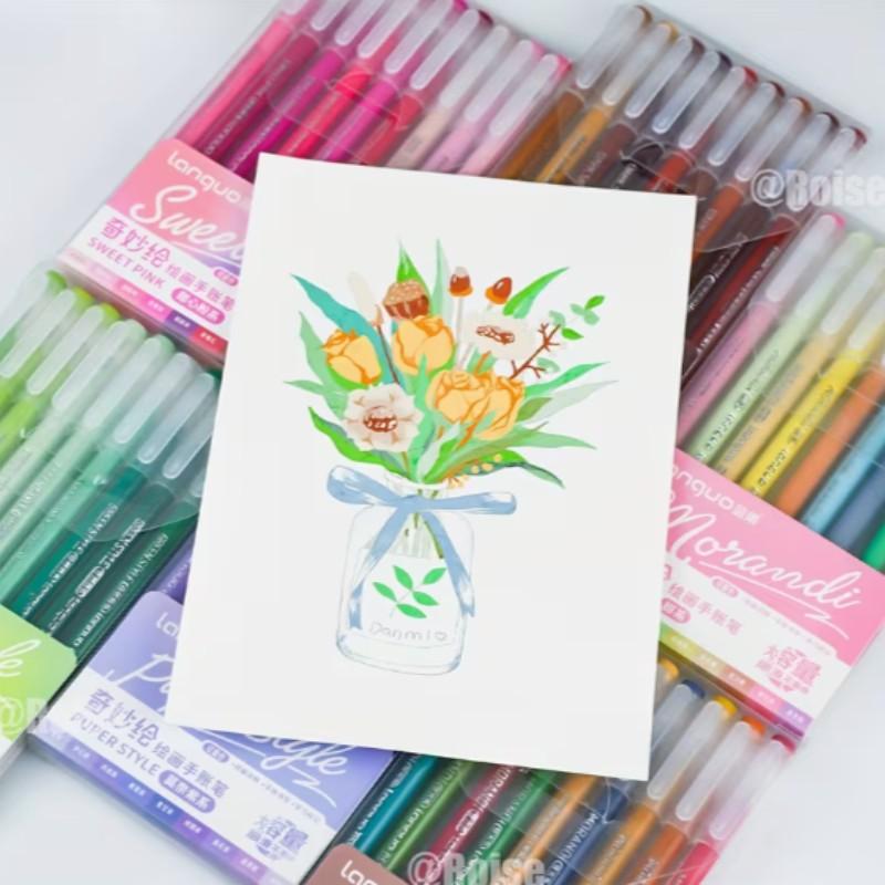 Languo gel pen set for drawing, featuring a 0.6mm tip, a wide range of colors, and a large-capacity ink pen. Ideal for writing, cards, DIY, coloring, doodling, handmade posters, and other artistic creations. Different colors can be stacked