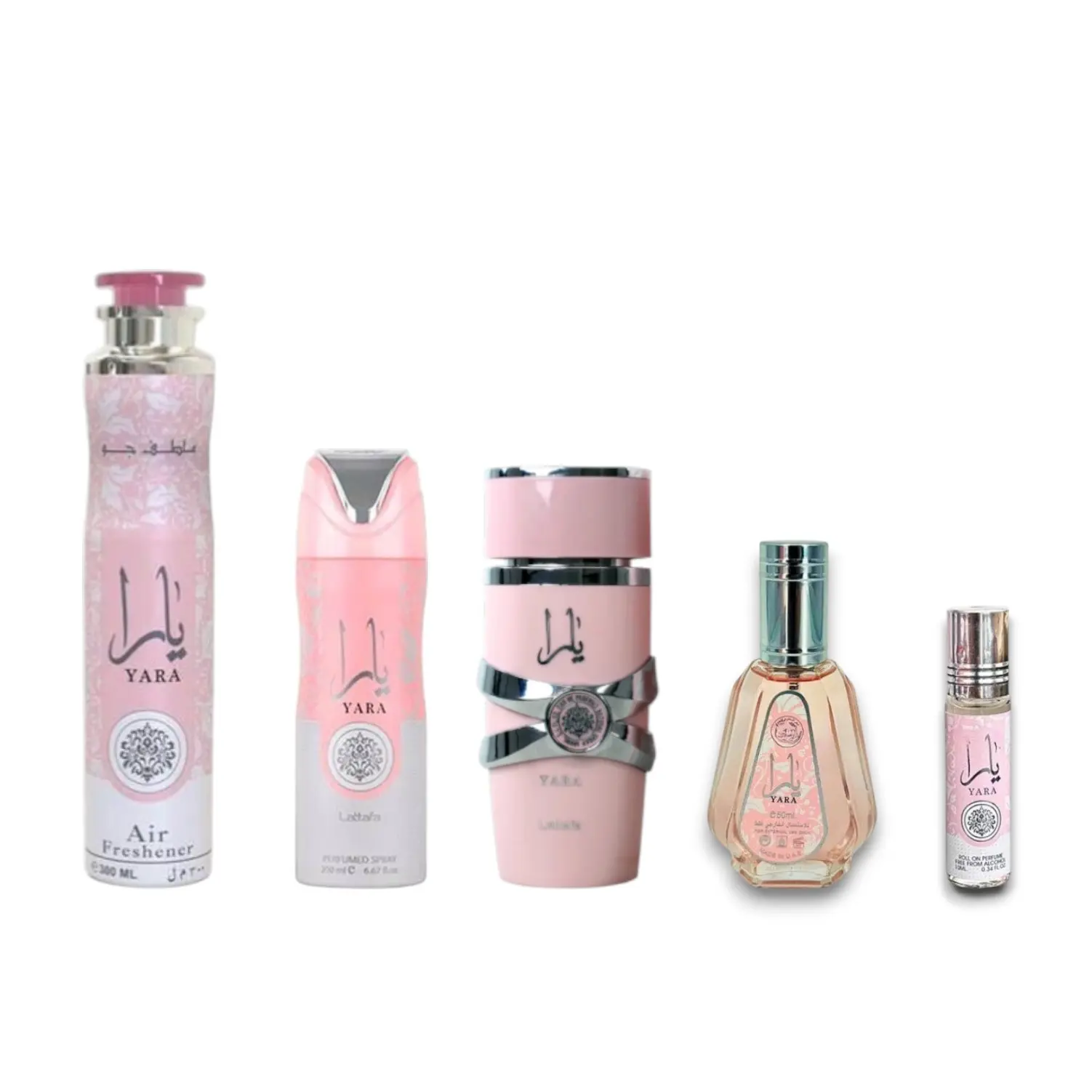 Lattafa Yara 5-Piece Bundle - Elegant Floral Fragrance, Selfcare Body & Room Set: 100ml EDP, 50ml EDP, Roll Oil, Body Spray, Air Freshener for Women with Sweet & Powdery Notes